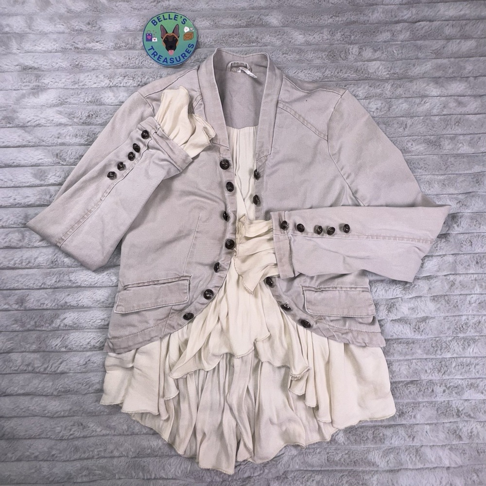 Free People XS Ruffle Romance Tan Open Cardigan Jacket Buttons Pocke Military - Picture 2 of 10